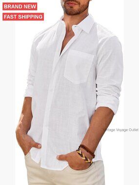 Men's Linen Button Down Shirt Long Sleeve Regular Fit Wedding Beach Casual